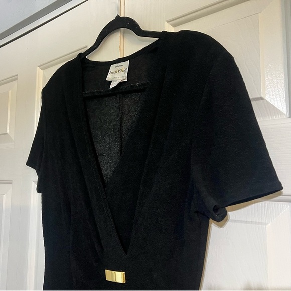 Vintage Joseph Ribkoff 70s 80s Faux Wrap Black Dress Knee Length Dress 14 - Picture 1 of 7